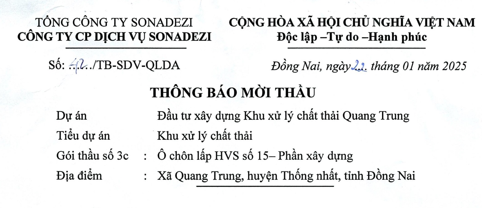 THÔNG BÁO MỜI THẦU