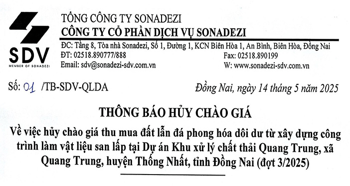 THÔNG BÁO HỦY CHÀO GIÁ