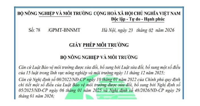 CÔNG BỐ THÔNG TIN MÔI TRƯỜNG - GIẤY PHÉP MÔI TRƯỜNG SỐ 87/GPMT-BNNMT NGÀY 23/02/2026